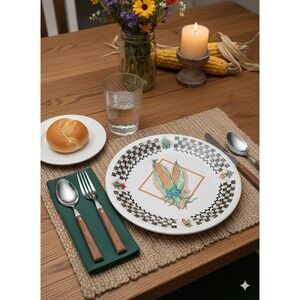 Fresh Garden 10.5" Dinner Plate Corn Blue Check Vegetables Stoneware